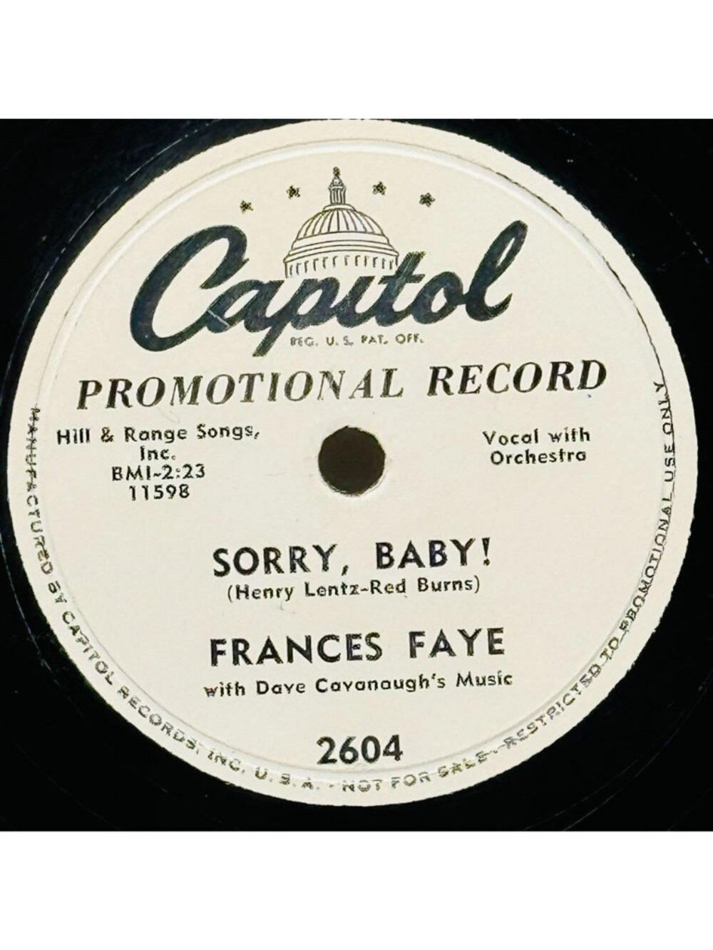 Frances Faye Hey Mister 10 Inch Shellac 78 RPM Capitol Promo Record 2604 - Picture 3 of 6